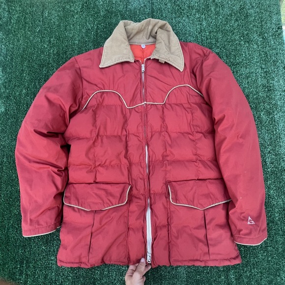 VTG Gerry Puffer Coat Mens XL Red Brown Corduroy Goose Down Rancher Western 70s